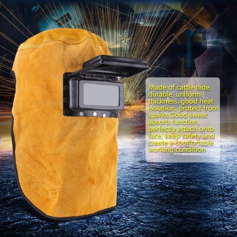 Welding Helmet Mask with Flip Open Lens, Leather Welding Hood