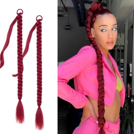 2 Packs Black Long Braided Ponytail Extension For Black Women Soft Synthetic Hair Piece For Women with Hair Tie Straight Wrap Around Ponytail Braided Extensions pre Stretched 30 Inch (bug)