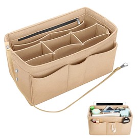 NAYAGOGO Tote Bag Organiser Insert, Felt Handbag Organiser Insert with Multiple Compartments and Zips, Tote Organizer, Bag Divider Organiser, Bag Organiser Handbag Insert - L, 25x16x15cm, Beige