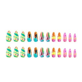 Ice Cream Cone Press on Nails Medium Almond Fake Nails with Design Macaroon Glue on Nails Glossy Summer Stick on Nails Reusable Full Cover Artificial False Nails for Women Girls Manicure 24Pcs