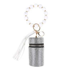 AUSYVEUS Silver Lipstick Case Beaded Keychain Mini Lipstick Organizer Leather Diamond Lip Gloss Bag with Keychain Portable Mini Lipstick Case for Purse Tassel Lip Gloss Holder Bag for Women