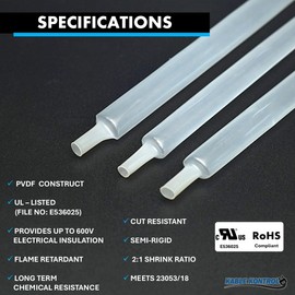 Kable Kontrol Kynar High Temperature Heat Shrink Tubing - 1/8" Inch Clear Heatshrink – 4 Ft - 2:1 Shrink Ratio Single Wall PVDF Shrink Tube, Cable Sleeve, Rated for 600 V