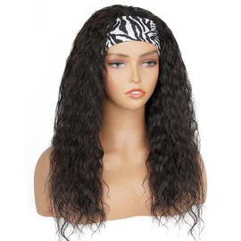 Curly Headband Wig, Beginner Friendly Wear and Go Glueless Wig with Headband Attached, Heat-resistant Soft Synthetic Hair As Human Hair, Water Wave Half Wigs for Black Women (Natural Black, 20 Inch)