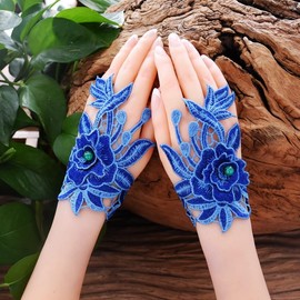 Blue Fingerless Hand Embroidery Flower Made Gloves Tea Party Glove, Fingerless Satin Gloves, Fingerless Glove, Plaid Tee Party Gloves, Blue Fingerless Gloves For Women, Blue Short Fingerless Gloves.