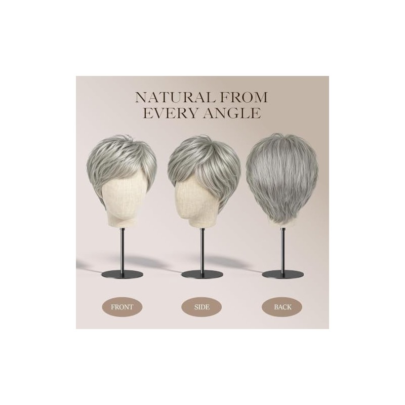 Peluca de cabello humano Pixie de 4 pulgadas gris plateado
