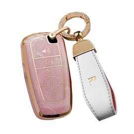 SANRILY Pink Jade Pattern 5 Button Key Fob Cover for Ford Bronco Explorer 2021 2020 F250 Fusion F350 F450 F550 Edge Escape Mustang Accessories Keyless TPU Key Case Shell with Bling Keychain