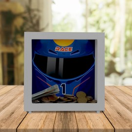 Motorsport Helmet Frame Money Box Made of Wood in Dark Blue Frame Money Box Made of Wood Motorsport Racing Car Helmet Motorcycle Piggy Bank Racing Money Box Racing Children Car Sports Car