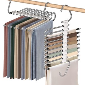 2PCS Perchas para pantalones,perchas ganchos para pantalones,espacio organizadores de almacenamiento para faldas bufandas.9 niveles de acero inoxidabl