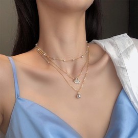 Women's Necklace, Layering Pearl Chain, Waterproof, Gold Chain, Ladies, Stackable Necklace, Women's Gold, Butterfly Pendant Jewellery, Pack of 3