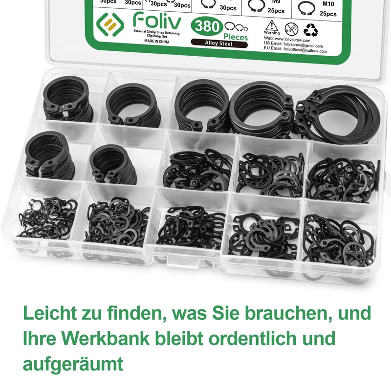 Foliv 380-Piece Snap Ring Assortment Circlip Set 17 Sizes Carbon