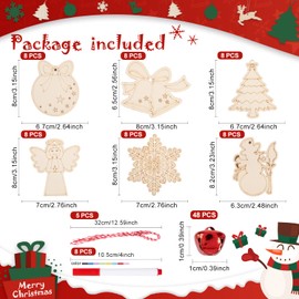 Lanpn Christmas Arts and Crafts Kits for Kids, Wooden Xmas Baubles Oranments Crafting Set for Children Toddlers Adults DIY Paint Your Own Decorations Decorate 48pcs