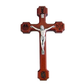 Rosewood Brown Wooden Wall Cross Crucifix with Engraved RCIA Symbols, 8 Inch