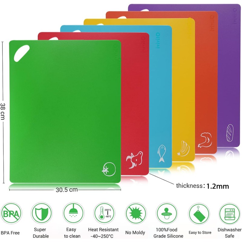 Kitchen Chopping Board Set of 6, Plastic Flexible Cutting Board
