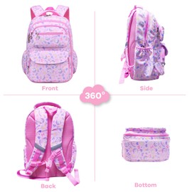 IHCEMIH School Backpack, Girls Cute Bags for Primary Secondary School Multi Pocket Casual Unicorn Daypacks Childrens Travel Rucksack Elementary Book Bag Pack with Keychain Badge for Kids Teen Pink
