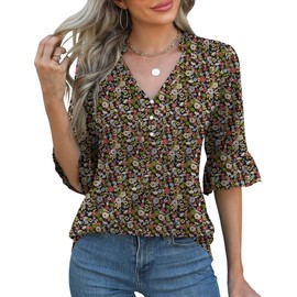 Petite Tops for Women Office Work Tops for Women Business Casual Half Sleeve Business Loose Tees Army Green Red Floral L