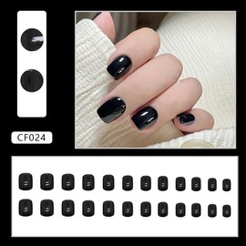 Short Square False Nails, 24Pcs Pure Solid Colour Black Fake Nails Square Press on Nails, Daily Glossy Nail Tips with Nail Glue, Thicken Stick on Nails for Women (Black)