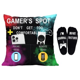 Svnntaa Gamer Gifts Pillow Cover Case 18x18 inch with Dual Pockets Gamer Gifts for Teenage Men Boys, Gaming Room Decoration, Gamer Pillow Cover and Gaming Socks Gifts Set