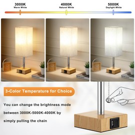 Wood Grain Bedside Table Lamps Set of 2 - Bedroom Lamps with 3 Color Temperatures (3000K/5000K/4000K), Two Square Nightstand Lamps with USB C + A Charging Ports, Pull Chain Small Night Light