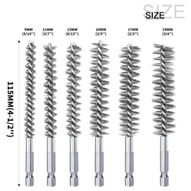 6Pcs Stainless Steel Bore Brush in Different Sizes Twisted Wire Cleaning Brush with Handle 1/4 Inch Hex Shank for Power Drill Impact Driver