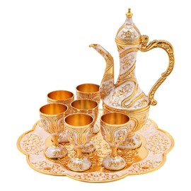 Vintage Turkish Coffee Pot and Cups Set, Metal Tea Service Set for Wine Cabinet Decor, Craft Decorations Flagon Set for Serving Tea Coffee Wine, Birthday/Housewarming/Wedding Gift (Gold, White)