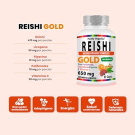 Purely Organics | Reishi Gold 650 mg con Cúrcuma, Té Verde y Vitamina C | Extracto de Hongo Reishi | 90 Cápsulas Veganas