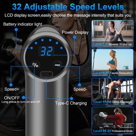 BUOAZR Muskelmassagepistole, Mini-Massagepistole mit 32 einstellbaren Stufen, 3500 U/min und 6 Köpfen und LCD-Display