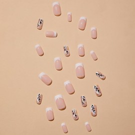 Fall French Tip Press on Nails Leaf Fake Nails Short Square False Nails with Design Gold Glitter Glue on Nails Glossy Acrylic Full Cover Nude Stick on Nails for Women Girls Manicure 24pcs