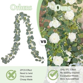MACTING 2 Pack 13.2FT Flower Garland with 24 White Roses - Spring Gypsophila Eucalyptus Garlands Artificial Floral Greenery Vines for Arch Table Centerpieces Backdrop Party Home Wedding Decorations