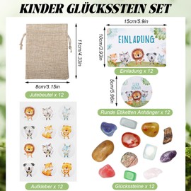 Set of 12 Lucky Stones for Children, Gemstones for Children, Colourful Lucky Stone with Jute Bag and Forest Animals Greeting Cards, Lucky Charm Children, Magic Stones, Party Bags, Children's Birthday