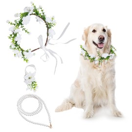NBEADS 3 Pcs Dog Wedding Collar, Wedding Collar with Pearl Leash Wreath Headband with Wrist Corsage Flower Crown for Pet Engagement Party Outfit