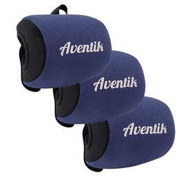 Aventik Neoprene Fishing Reel Cover Pouch Round Baitcasting Trolling Reels Storage Conventional Reel Cover Durable Soft Protection (3pcs-Black/Blue, XL:5.1''Width x 3.5''Diameter)