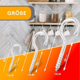 HENK Curved Screw Hooks Set: 10 Heavy Duty Stainless Steel Threaded Hook Screws Ideal for Indoor and Outdoor Use as Ceiling Hooks, Wall Hooks and Mounting Hooks (5.25x60/100)