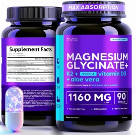 Thinbi Magnesium Glycinate+ 90 Capsules K2 5000IU Vitamin D3 High Absorption
