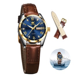 OLEVS Classic Leather Watches for Women, Business Dress Diamond Roman Numerals Ladies Watches, Day Date Waterproof Analog Quartz Womens Wrist Watches Brown Leather Band Blue Face Relojes para Mujer