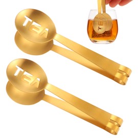 2 Pcs Tea Bag Squeezer, Stainless Steel Tea Spoon for Loose Tea Round Tea Bag Clip Tea Bag Tongs Tea Bag Holder Strainer Tea Grip Clamp Tea Accessories Tool for Tea Drinkers (Gold)