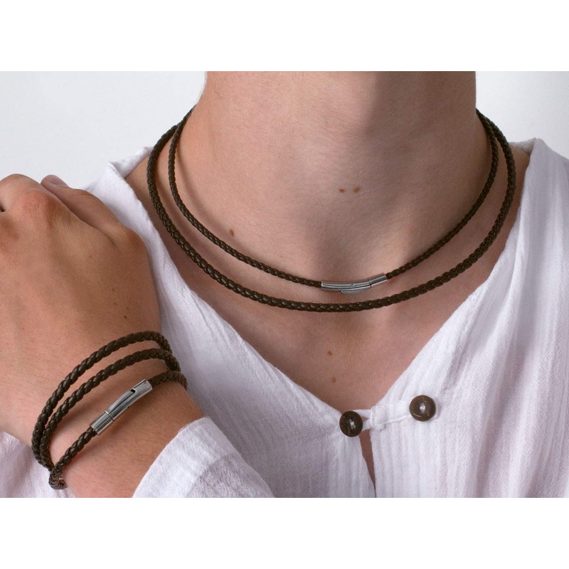 Fly Style Brown Braided Faux Leather Necklace with Stainless Steel
