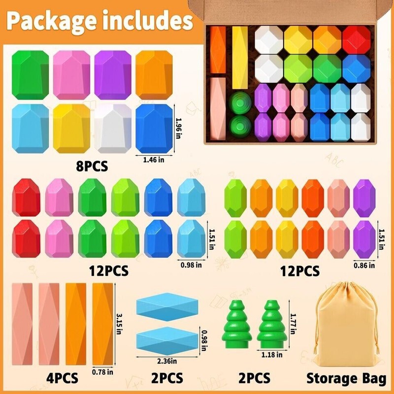 Rurvale 40PCS Wooden Stacking Rocks Toys, Montessori Toys Stacking blocks