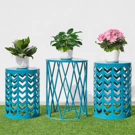 Nesting Side Table Set of 3 Decorative Round Garden Stools for Indoor Outdoor Heavy Duty Metal Frame Side Table Nightstands Modern End Table Plant Stand, Blue