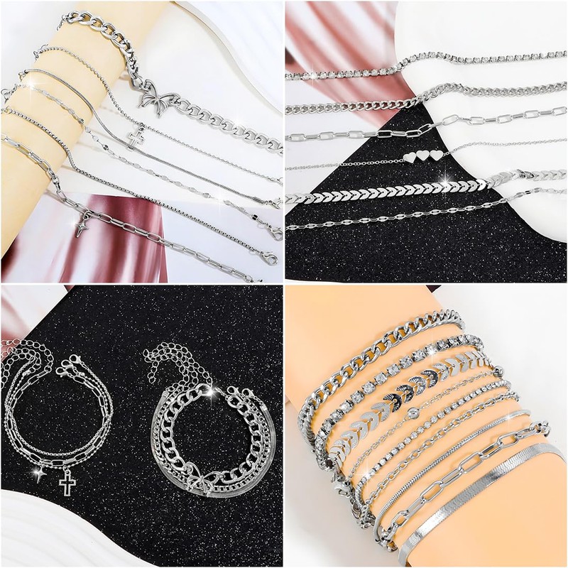 IXNEOP 16 Pcs Gold/Silver Anklet Bracelets for Women Cuban chain
