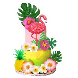 Decoración para tartas de flamenco, decoración de pasteles de verano con flores de hibisco, hojas de palma, piña, decoración para cumpleaños, verano, temática hawaiana, suministros de fiesta