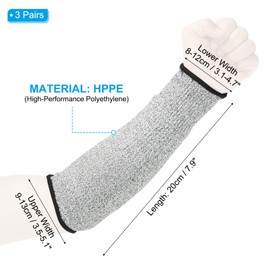PATIKIL 8 Inch Cut Resistant Sleeve, 3 Pairs Arm Safety Protectors Sleeves Forearm Sleeve HPPE Level 5 Protection for Thin Skin and Bruising, XXS, Gray
