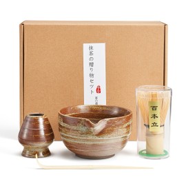 Japanese Matcha Set - Luxury Set by Khen - Matcha Bowl with Spout, Matcha Whisk & Holder, Bamboo Scoop and Stainless Steel Sifter - 5 Pcs Gradient Green Kit Gift Matcha Drink Lover - Terracotta Swirl