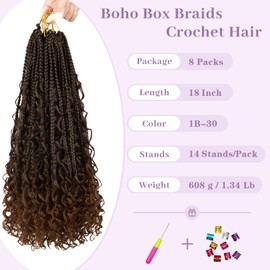 Boho Box Braids Crochet Hair-18 Inch Boho Braids Crochet Hair Pre Looped, 8PK Boho Crochet Braids with Curly Ends Bohemian Crochet Braids for Black Women Synthetic Crochet Box Braids Hair(1B/30)