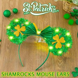 Aiosy St Patricks Day Headband Irish Shamrock Headbands Green Clover Headpiece Irish Party Foils Hair Accessories for Women (Led Mouse Ears, One Size)