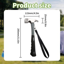 Camping Hammer Heavy Duty with Tent Stake Remove, Multifunction High Carbon Steel with Holding Strap, Hook Angle Design Camping Hammer for Picnic Tent or Hiking (Grey)