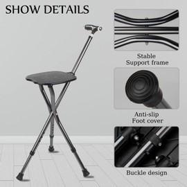 Yayayo Hold 440 lbs Folding Canes with Seat Walking Stick Height Adjustment Cane Seat Capacity Frosted Handle with Magnetic Therapy Stone Crutches Stool (Square LED)
