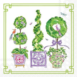 IHR Ideal Home Range Cocktail Napkins Rosanne Beck Disposable 3-Ply Paper Party Napkin Pack, 5" x 5", Purple And Green Topiaries, 20-Count
