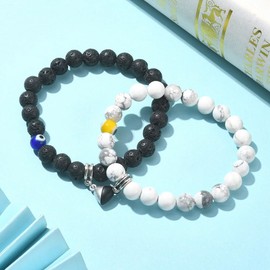 Hemasa 2Pcs Natural Lava Rock & Howlite Round Beaded Stretch Bracelets with Evil Eye with Magnetic Heart Charm