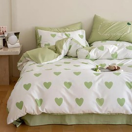 Michorinee Green and White Heart Single Duvet Cover Set Aesthetic Green Love Heart Bedding Set Reversible Microfiber Quilt Cover 135x200 cm Zipper Closure with Pillowcase 50x75 cm