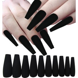 LoveOurHome 100pc Matte Coffin Press on Nails Long Fake Nails Black False Nails Medium Ballerina Acrylic Nails Press ons Nail Coffin Artificial Nails Women Girls Black Fake Fingernails 10 Sizes
